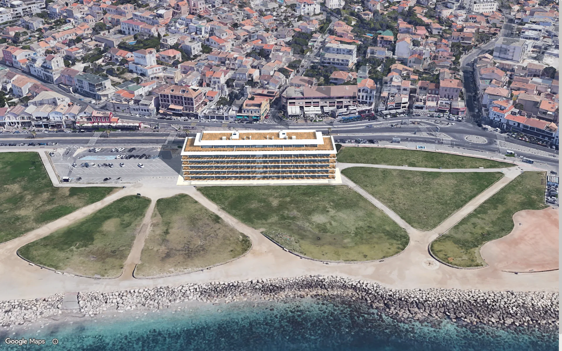 Atlantic Point, a six-floor demonstration development on the seafront, seen from above in its city