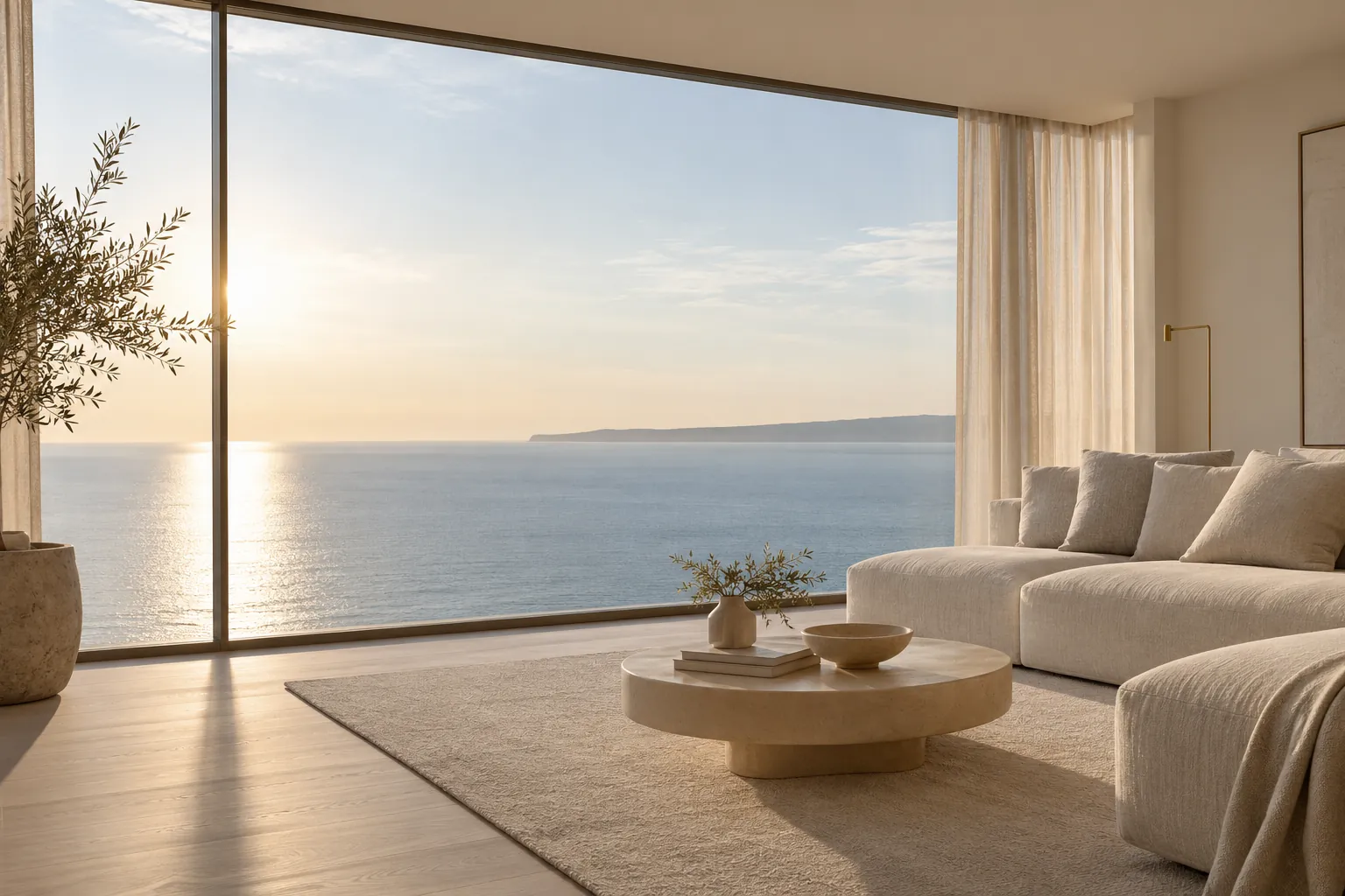 A living room with a large window over the sea, by day.