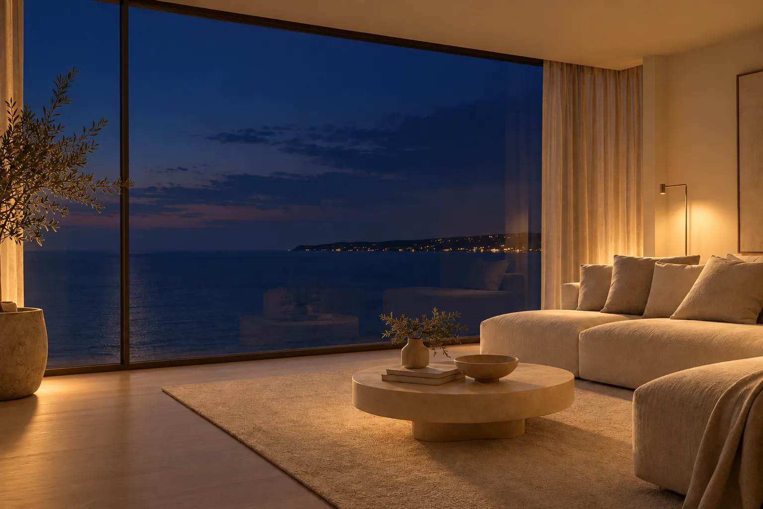 The same living room at night, with lights along the coast.
